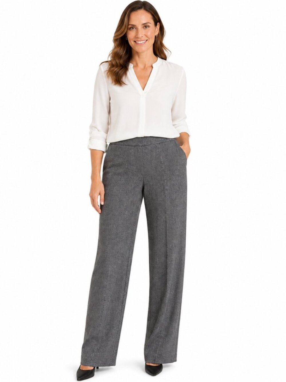 LOFT Women’s XL Gray Herringbone Pull-On Dress Pants Wide Leg Trousers NWT